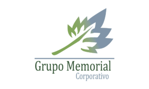 Logotipo que presenta una hoja estilizada de color verde y azul sobre una línea horizontal, con el texto Grupo Memorial en verde y Corporativo en azul claro debajo, que representa marketing digital y soluciones informáticas innovadoras.