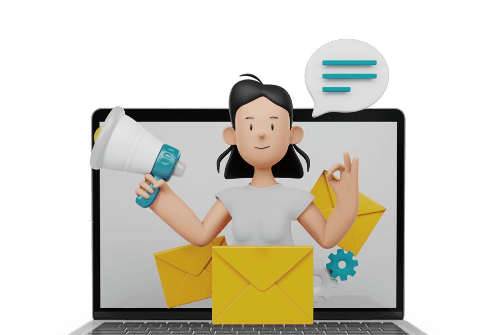 Ilustración 3D de una mujer que emerge de la pantalla de una laptop, sosteniendo un megáfono y haciendo el gesto de "aprobar". Está rodeada de sobres amarillos, un bocadillo de diálogo y un icono de engranaje, que simbolizan marketing digital y soluciones informáticas.